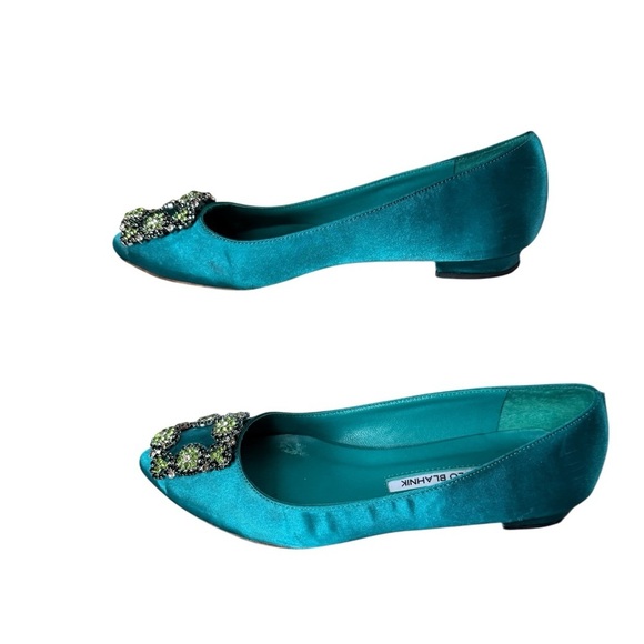 Manolo Blahnik Hangisi Green Satin Flats with they signature crustal buckle 36 - Picture 2 of 5